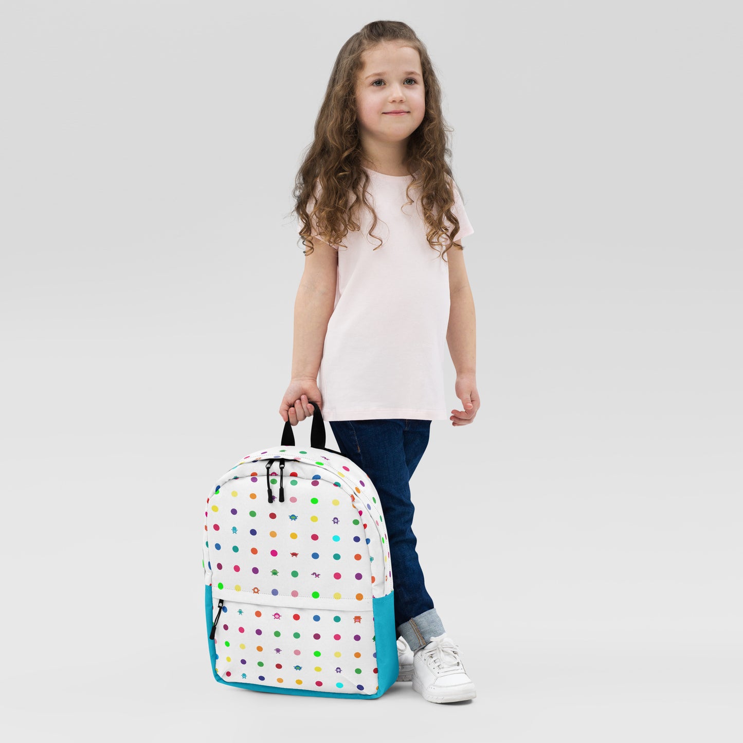 White Turquoise Small Dot Monster Backpack with zip pocket young girl