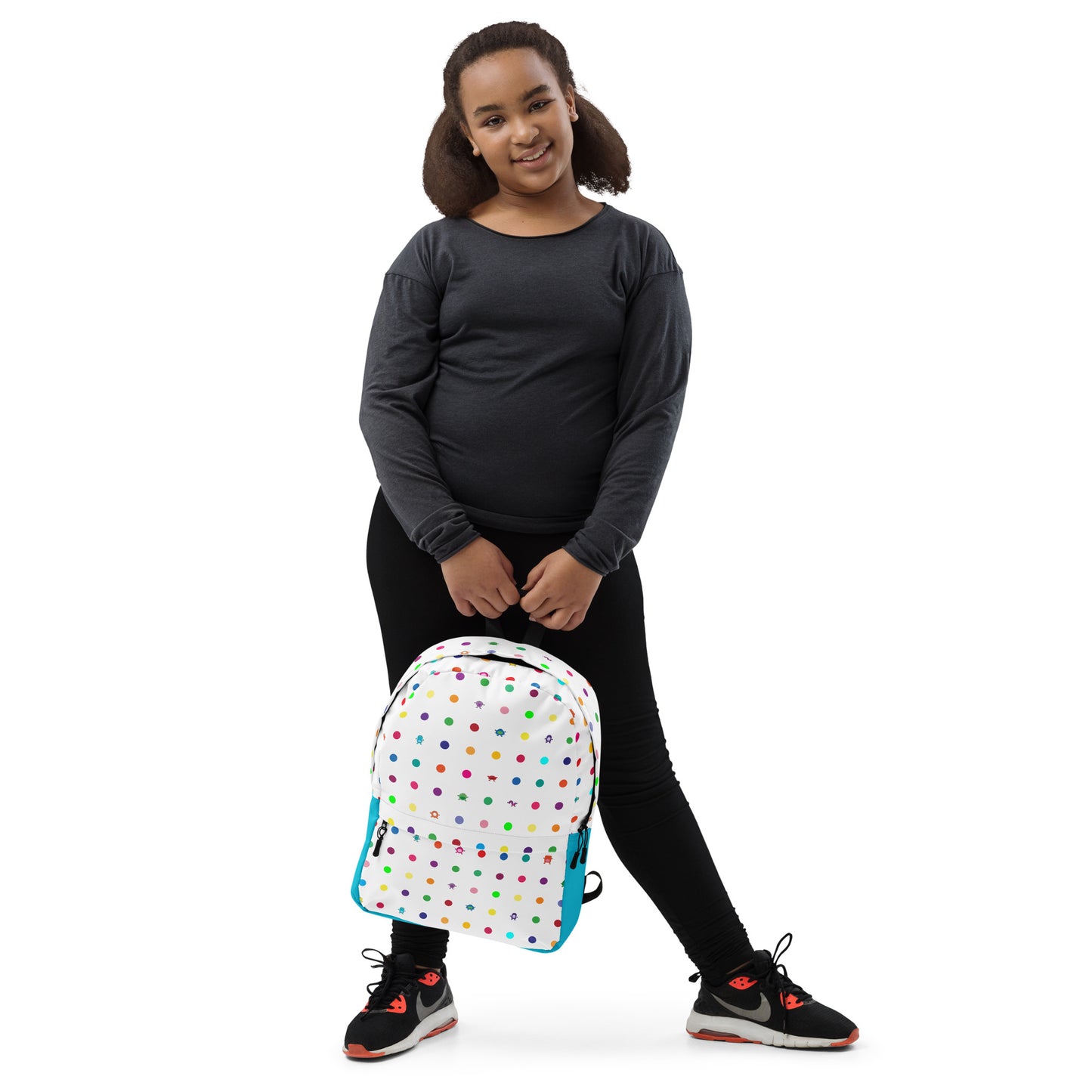 White Turquoise Small Dot Monster Backpack with zip pocket teen tween girl 
