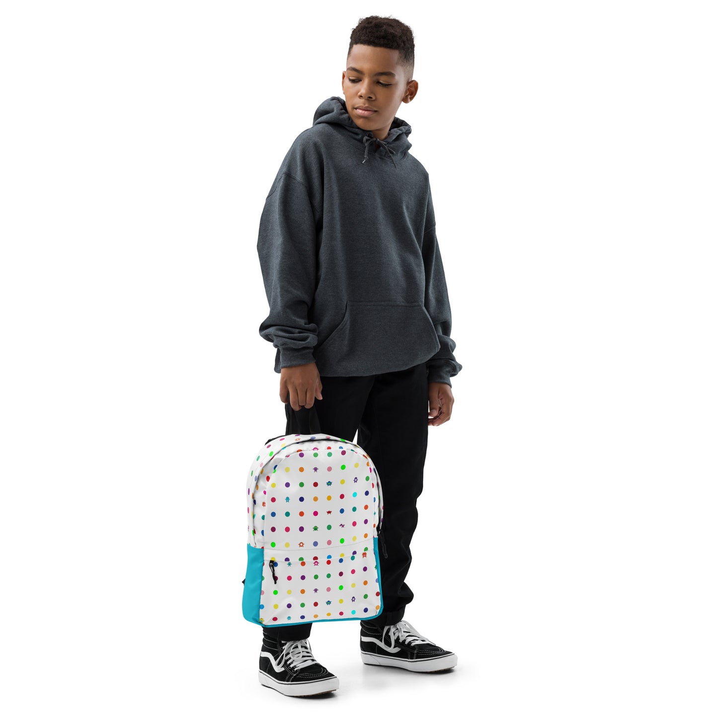 White Turquoise Small Dot Monster Backpack with zip pocket teen boy