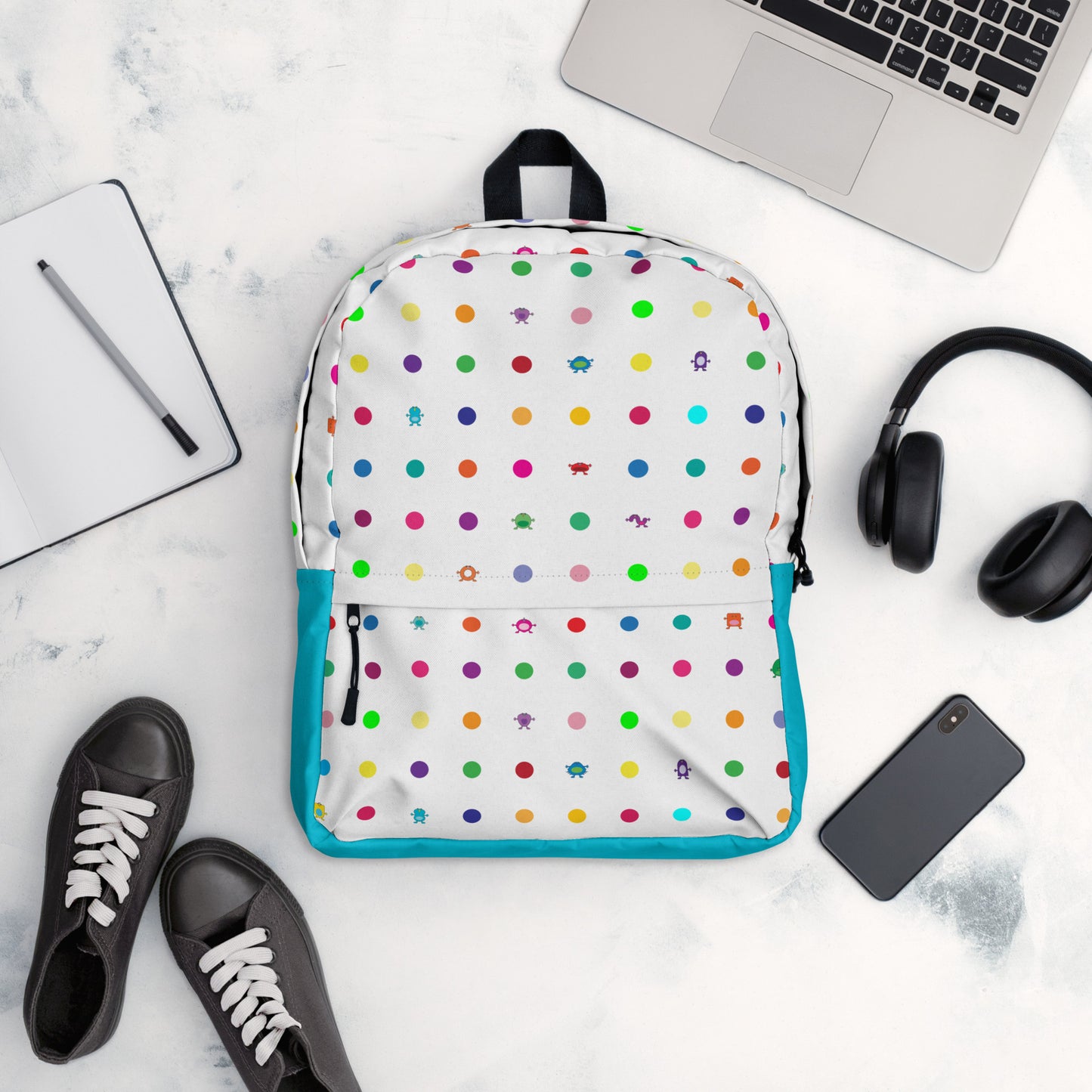 White Turquoise Small Dot Monster Backpack with zip pocket apple laptop iPhone