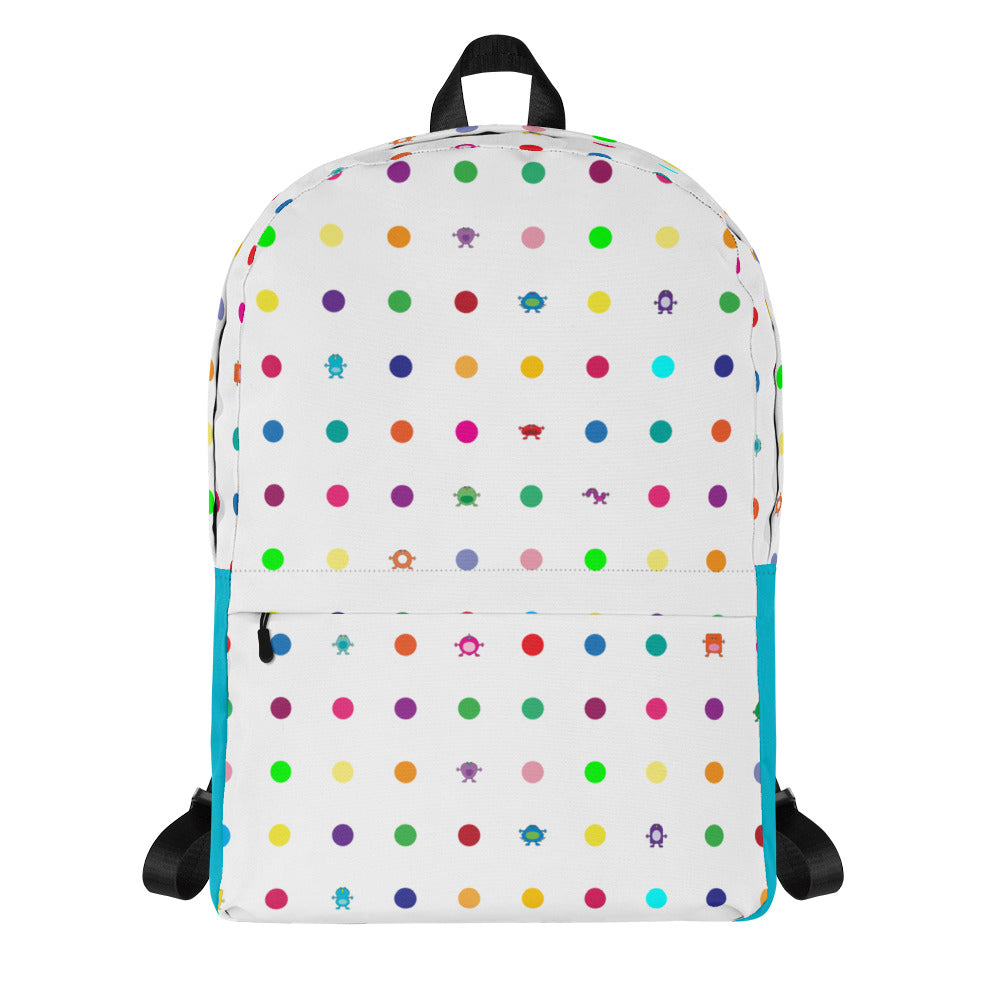 White Turquoise Small Dot Monster Backpack with zip pocket front view