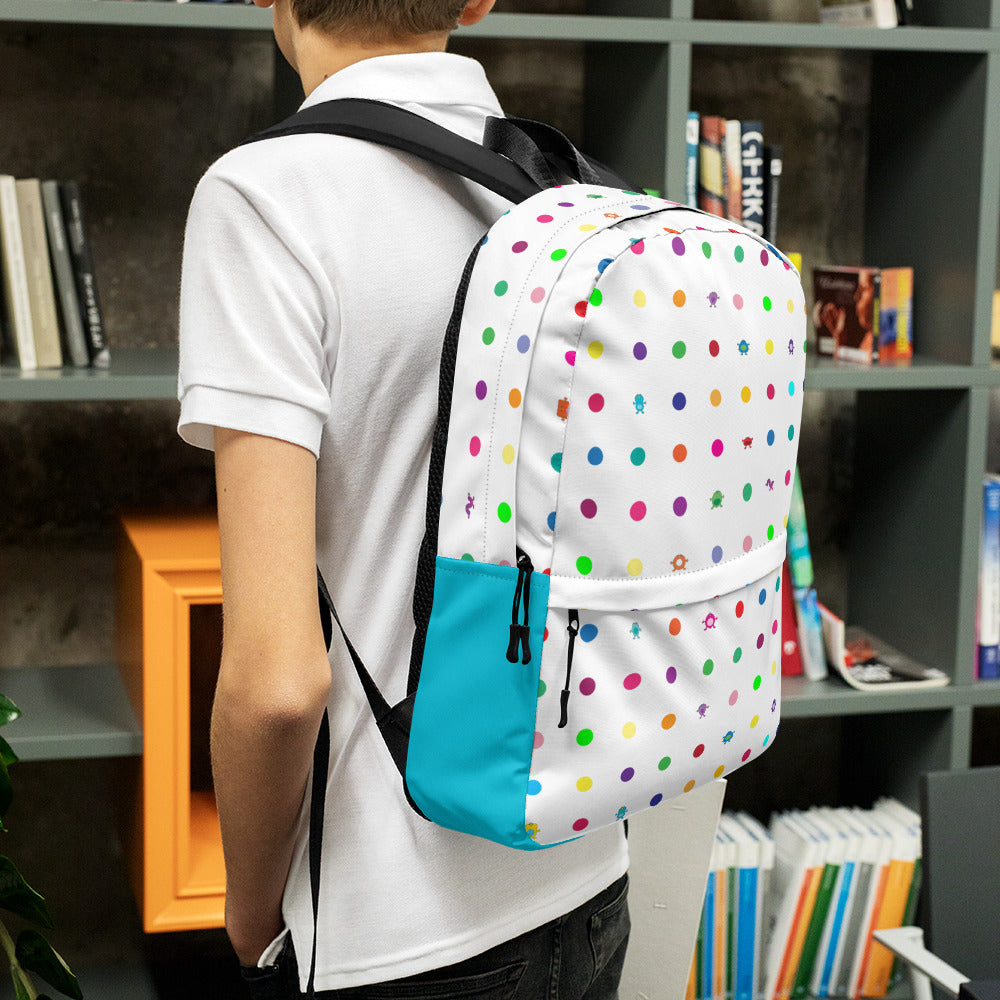 White Turquoise Small Dot Monster Backpack with zip pocket kid in school
