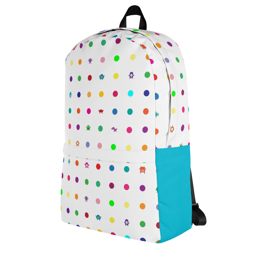 White Turquoise Small Dot Monster Backpack with zip pocket side view