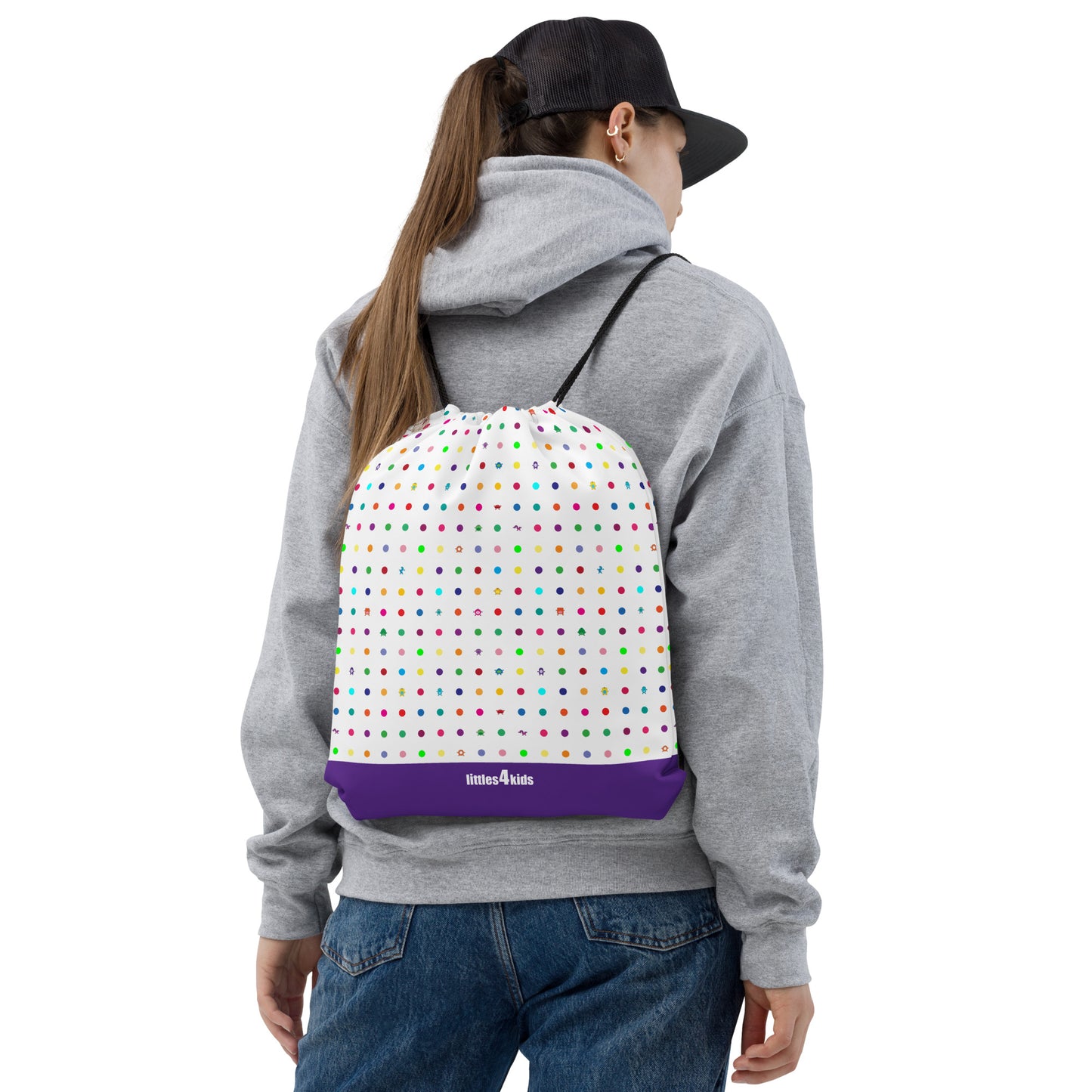 White Small Dot Monster drawstring bag purple bottom woman carrying