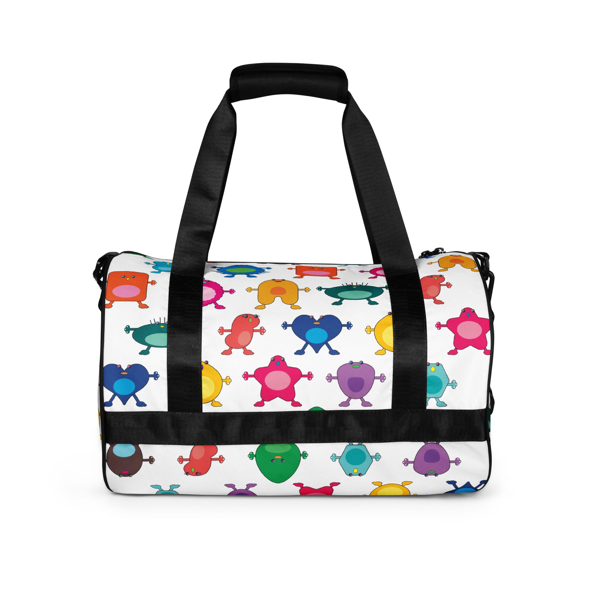 Kids cute colourful monster graphic print on white gym bag black handles side view