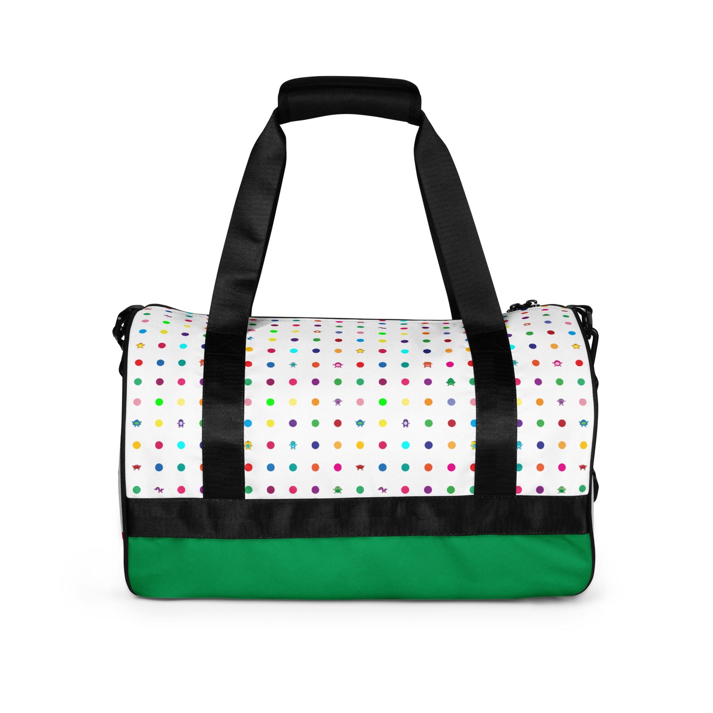 Kids cute colourful dot graphic print on white gym bag black handles with green bottom side view