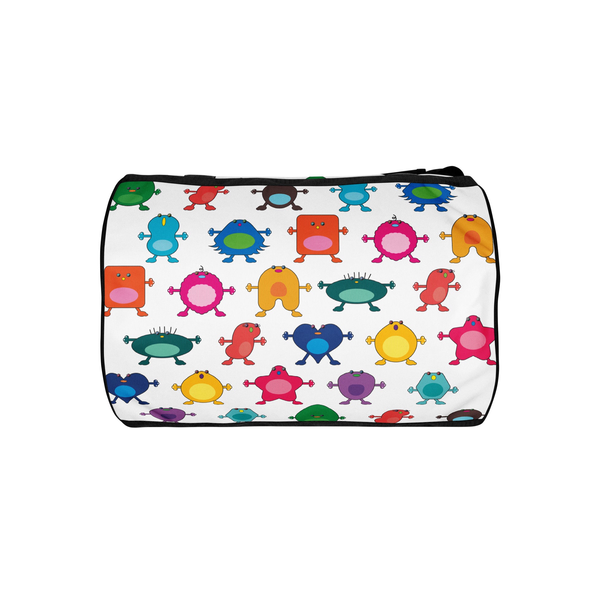 Kids cute colourful monster graphic print on white gym bag black handles bottom view