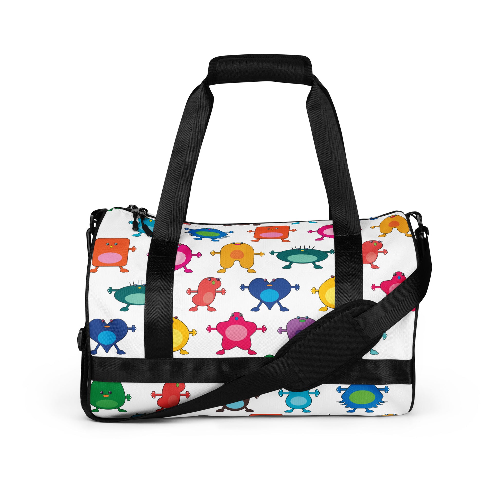 Kids cute colourful monster graphic print on white gym bag black handles