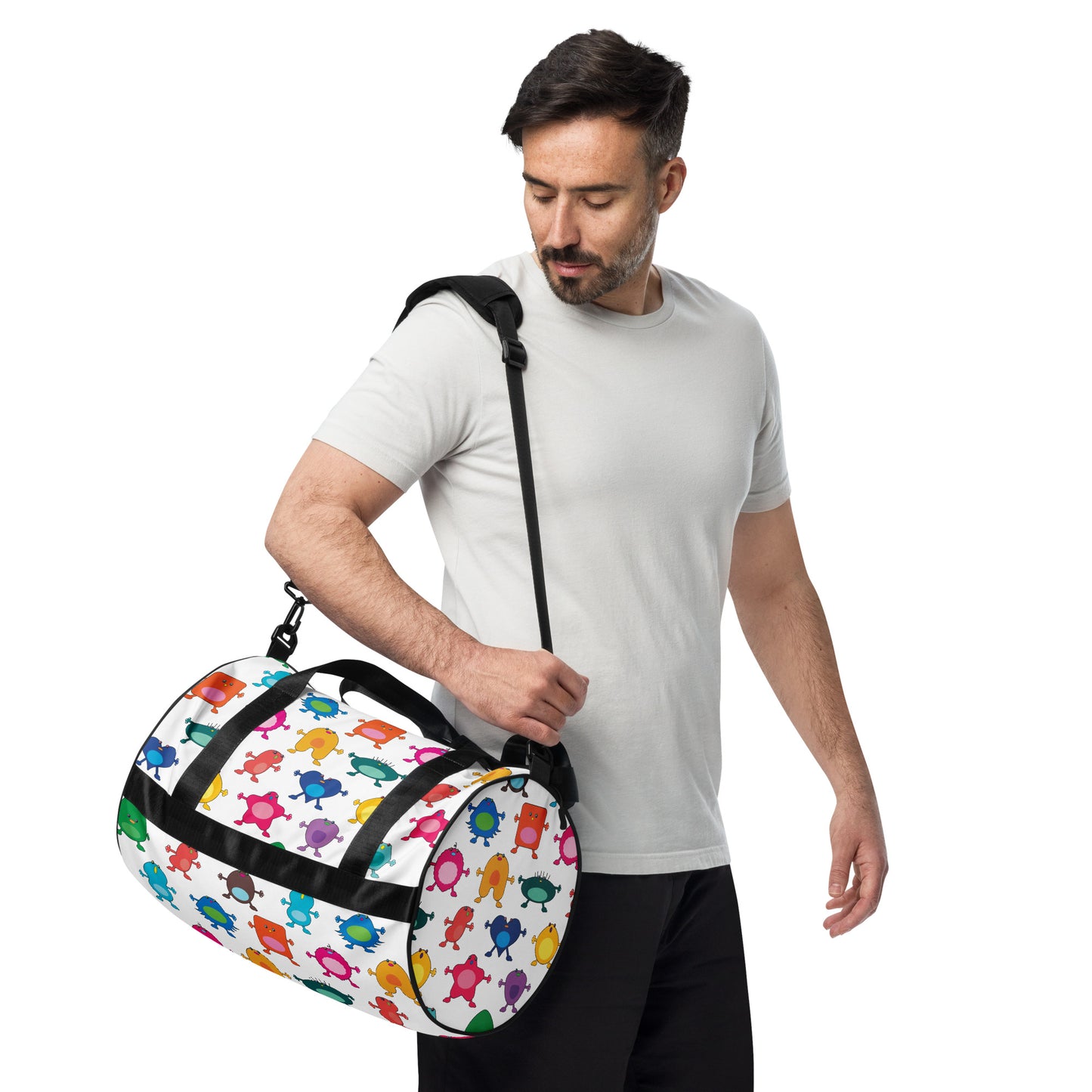 Kids cute colourful monster graphic print on white gym bag black handles 