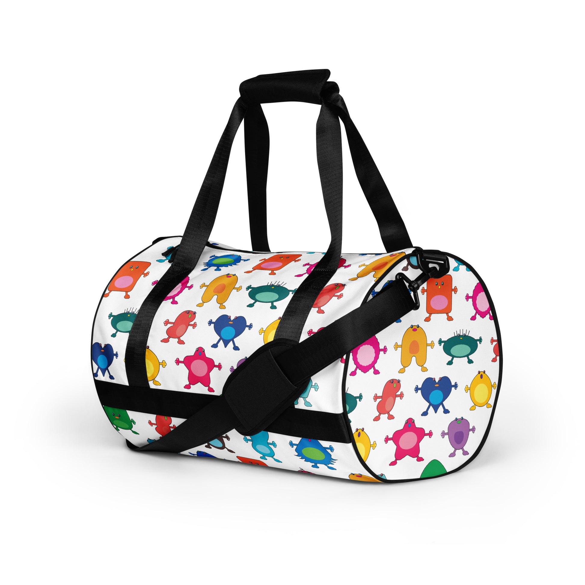 Kids cute colourful monster graphic print on white gym bag black handles end view