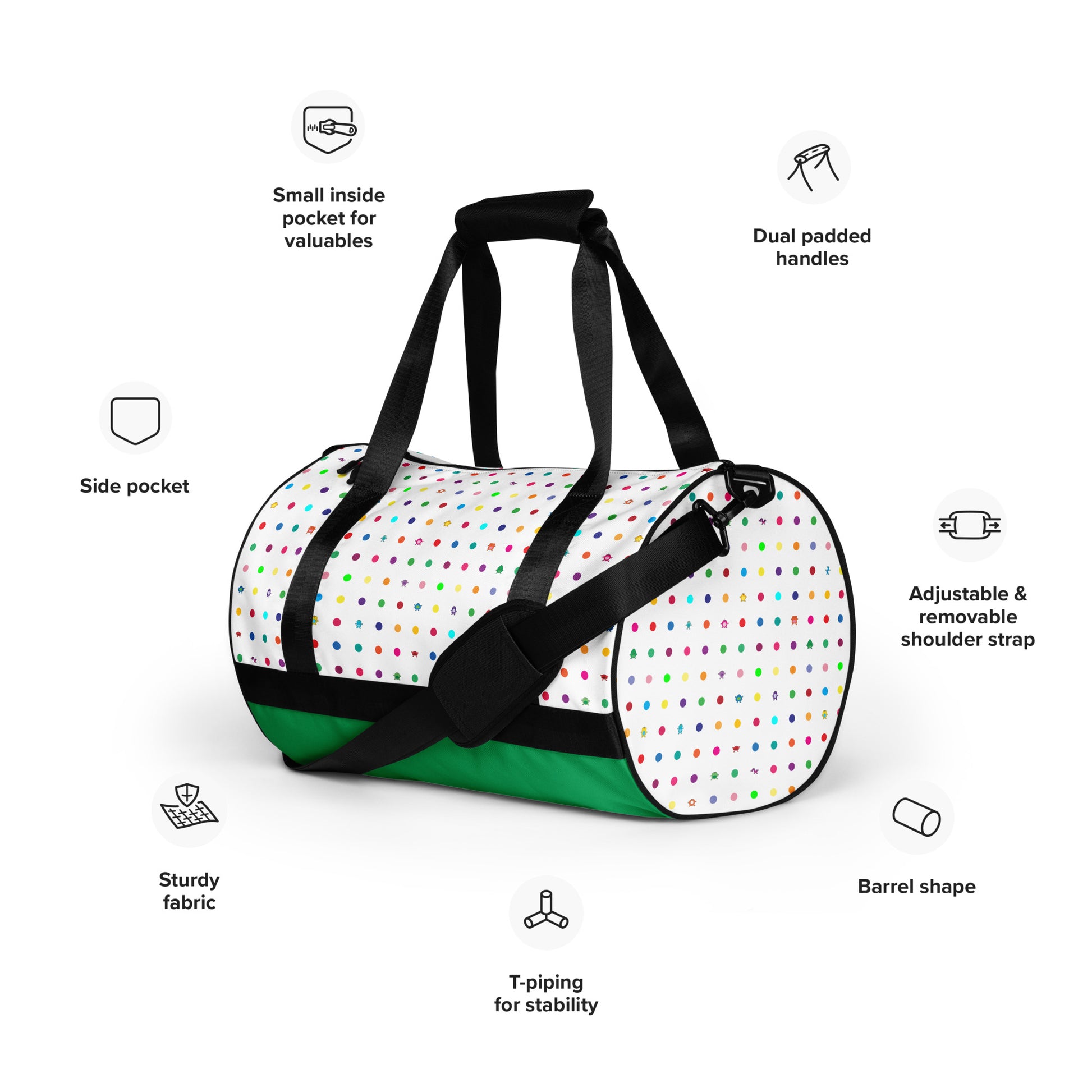 Kids cute colourful dot graphic print on white gym bag black handles with green bottom features listed