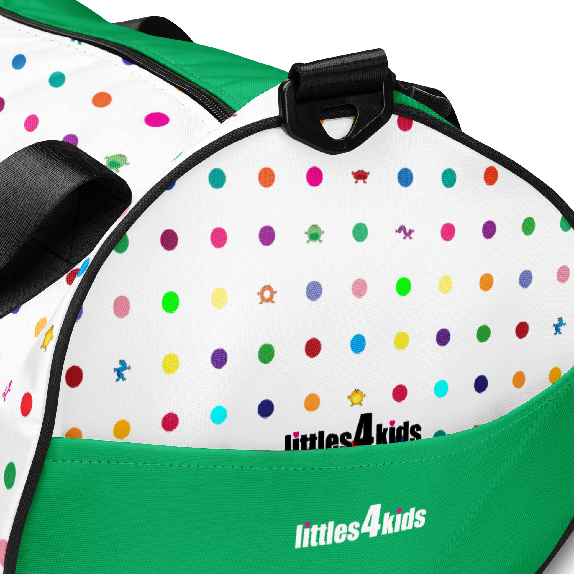 Kids cute colourful dot graphic print on white gym bag black handles with green bottom and green pocket