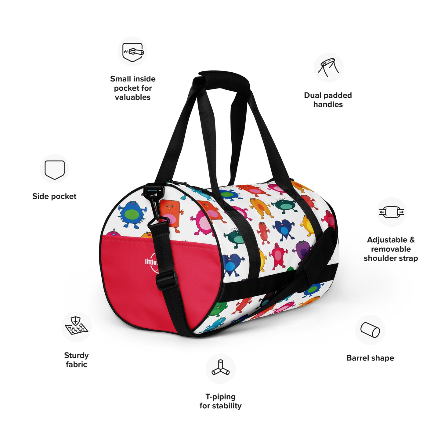 Kids cute colourful monster graphic print on white gym bag black handles with pink pocket