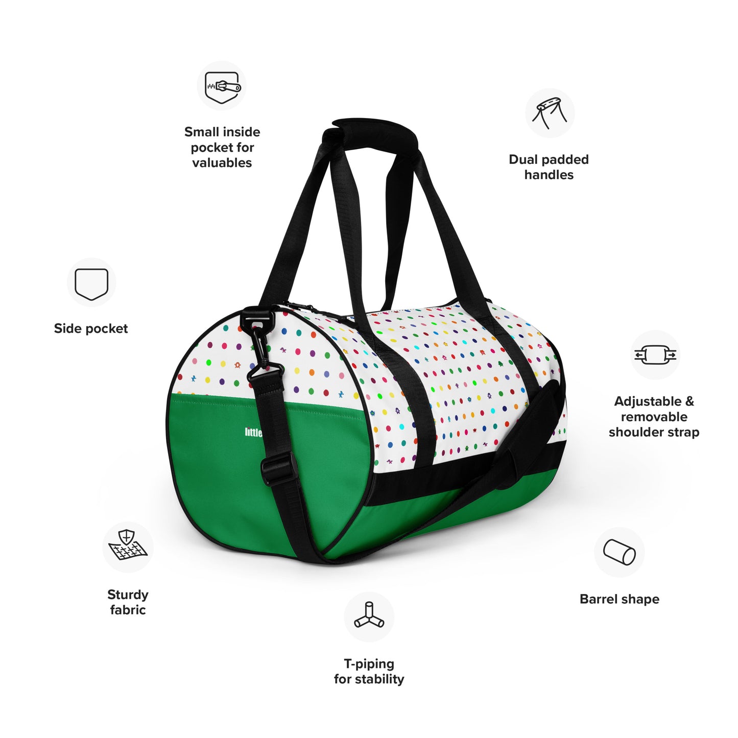 Kids cute colourful dot graphic print on white gym bag black handles with green bottom features listed