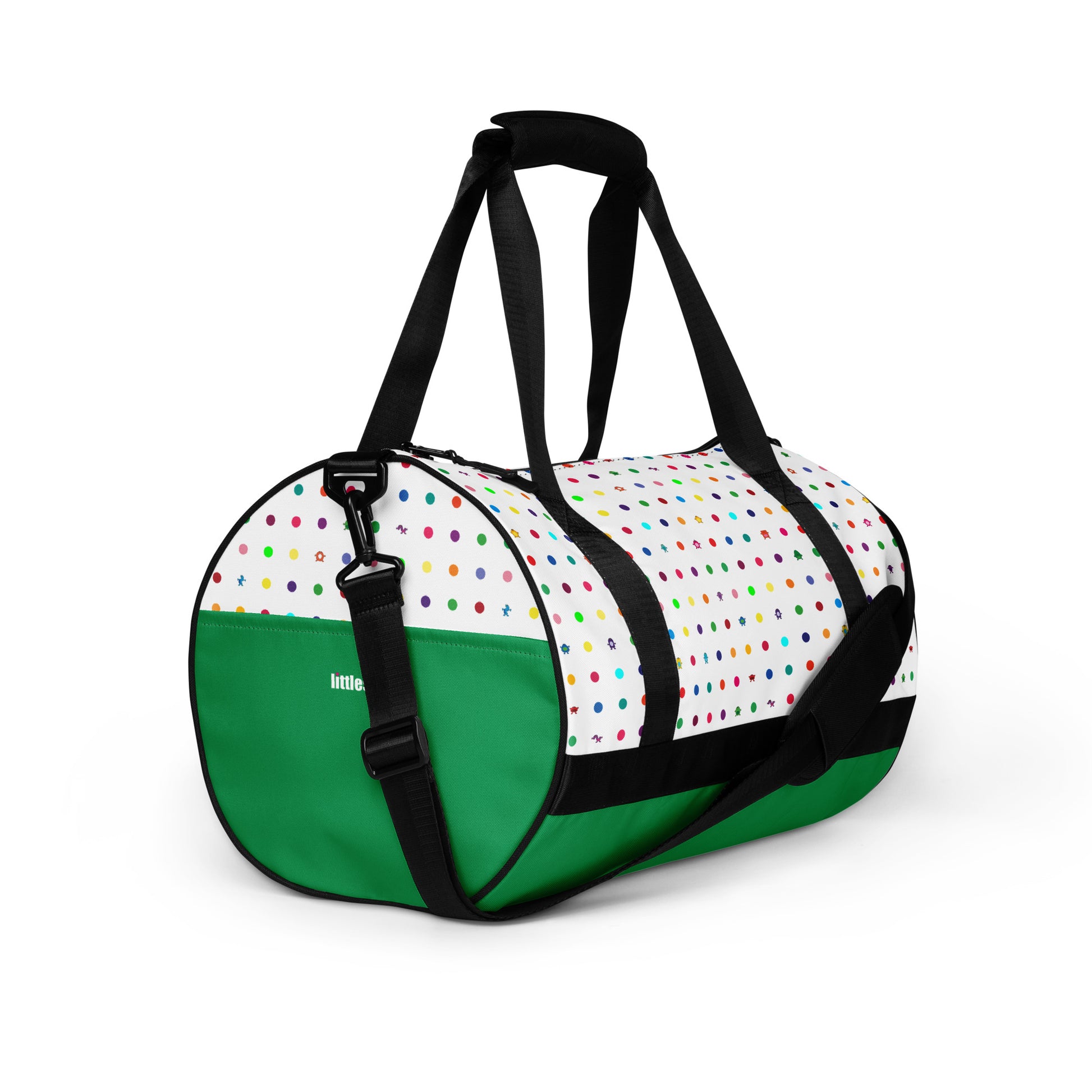 Kids cute colourful dot graphic print on white gym bag black handles with green bottom