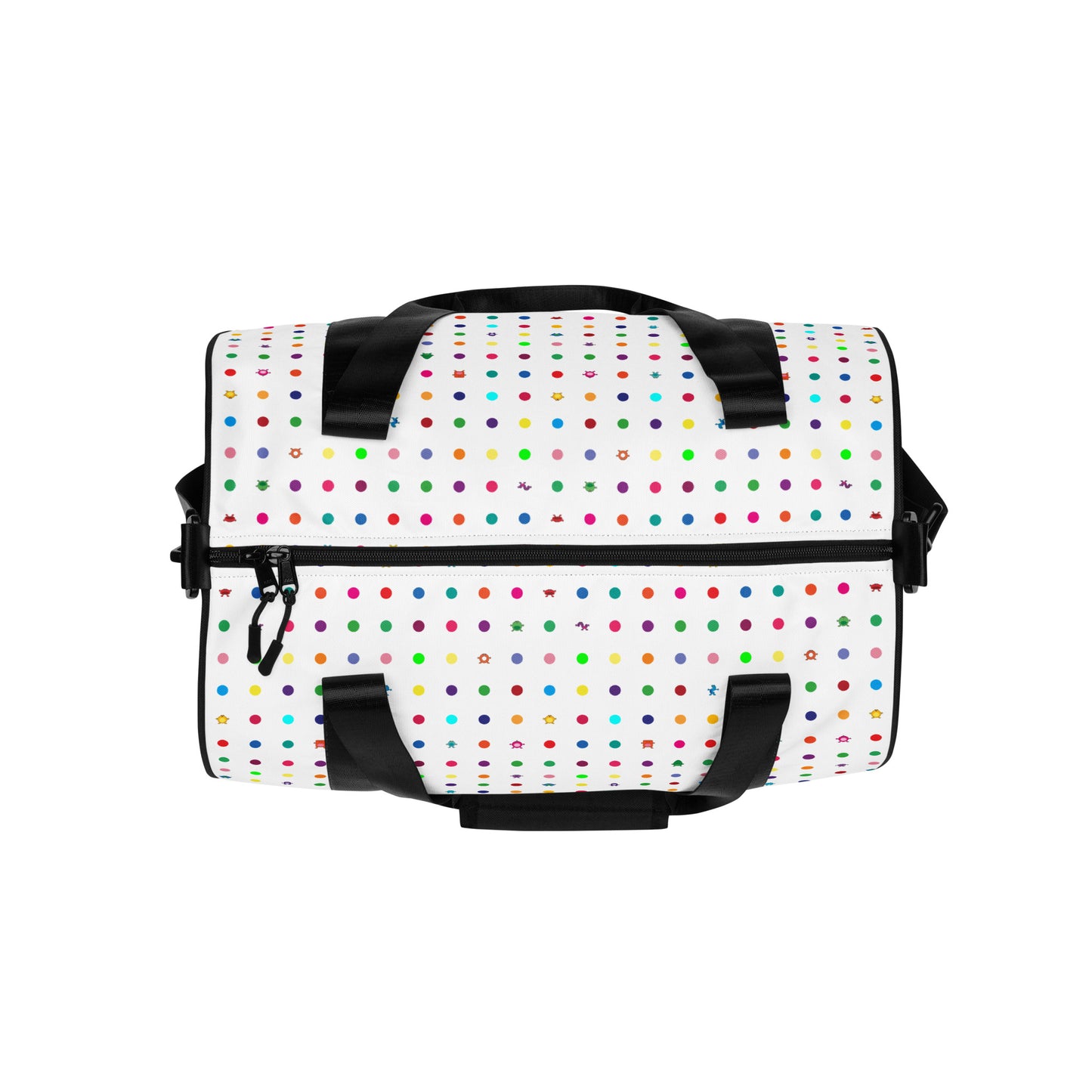 Kids cute colourful dot graphic print on white gym bag black handles with green bottom top view