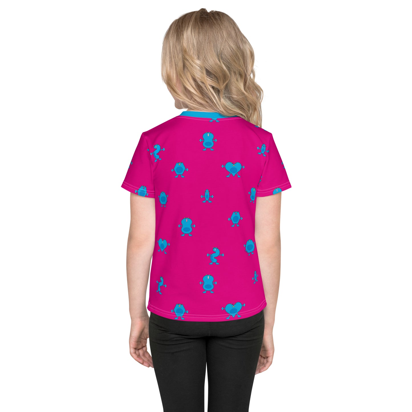 Pink Kids crew neck t-shirt with blue Monsters kid rear