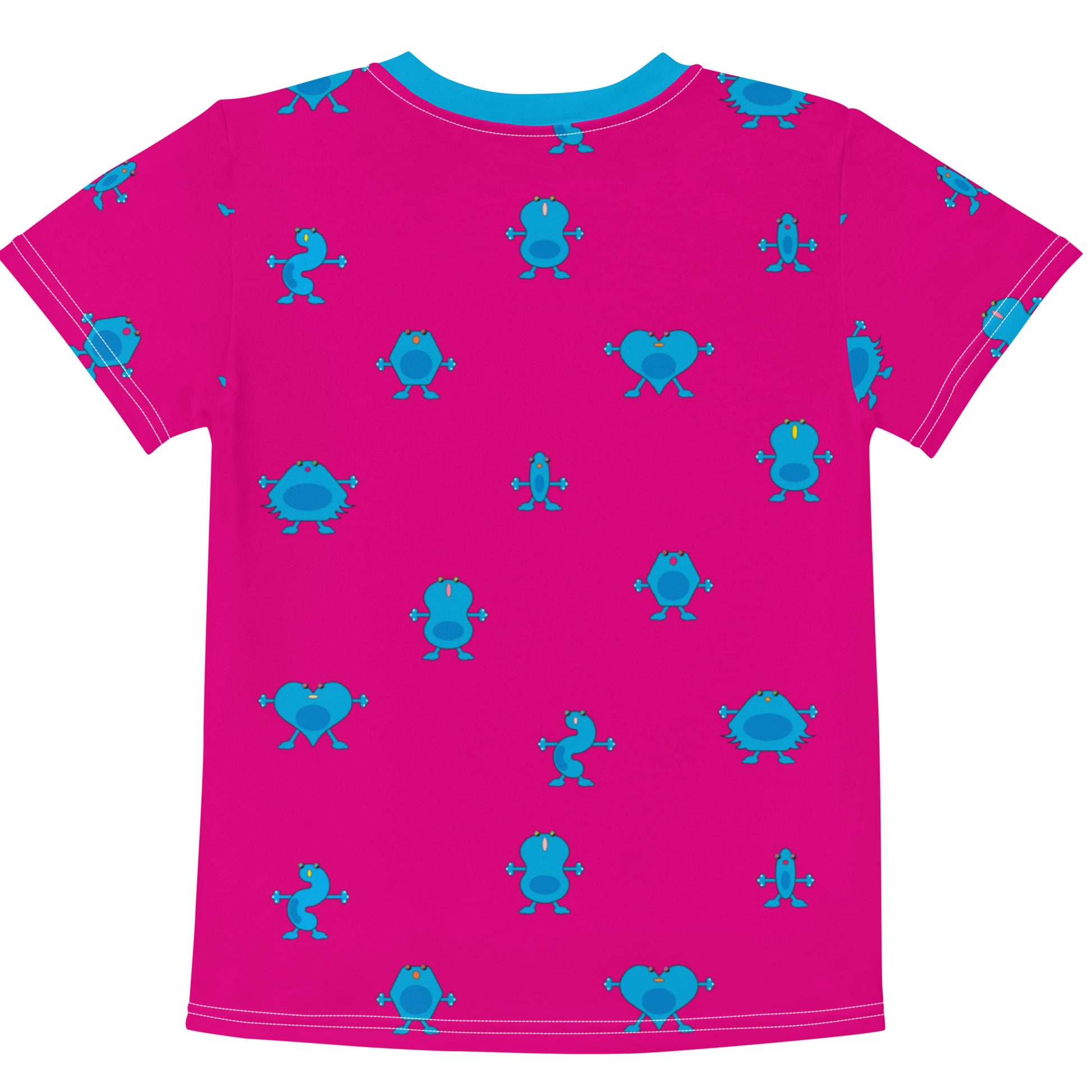 Pink Kids crew neck t-shirt with blue Monsters rear