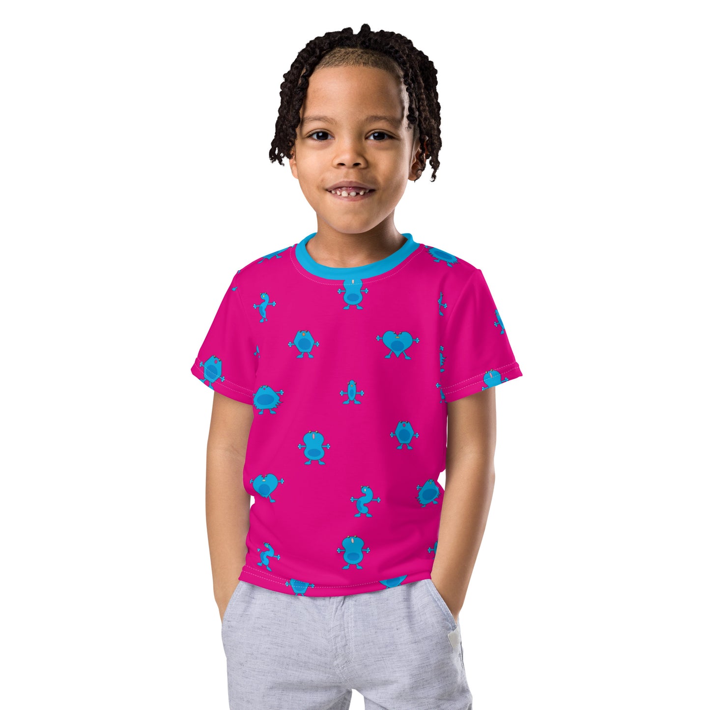 Pink Kids crew neck t-shirt with blue Monsters kid front
