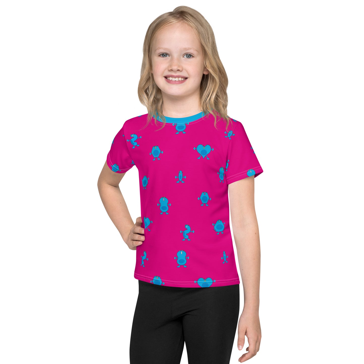 Pink Kids crew neck t-shirt with blue Monsters kid front