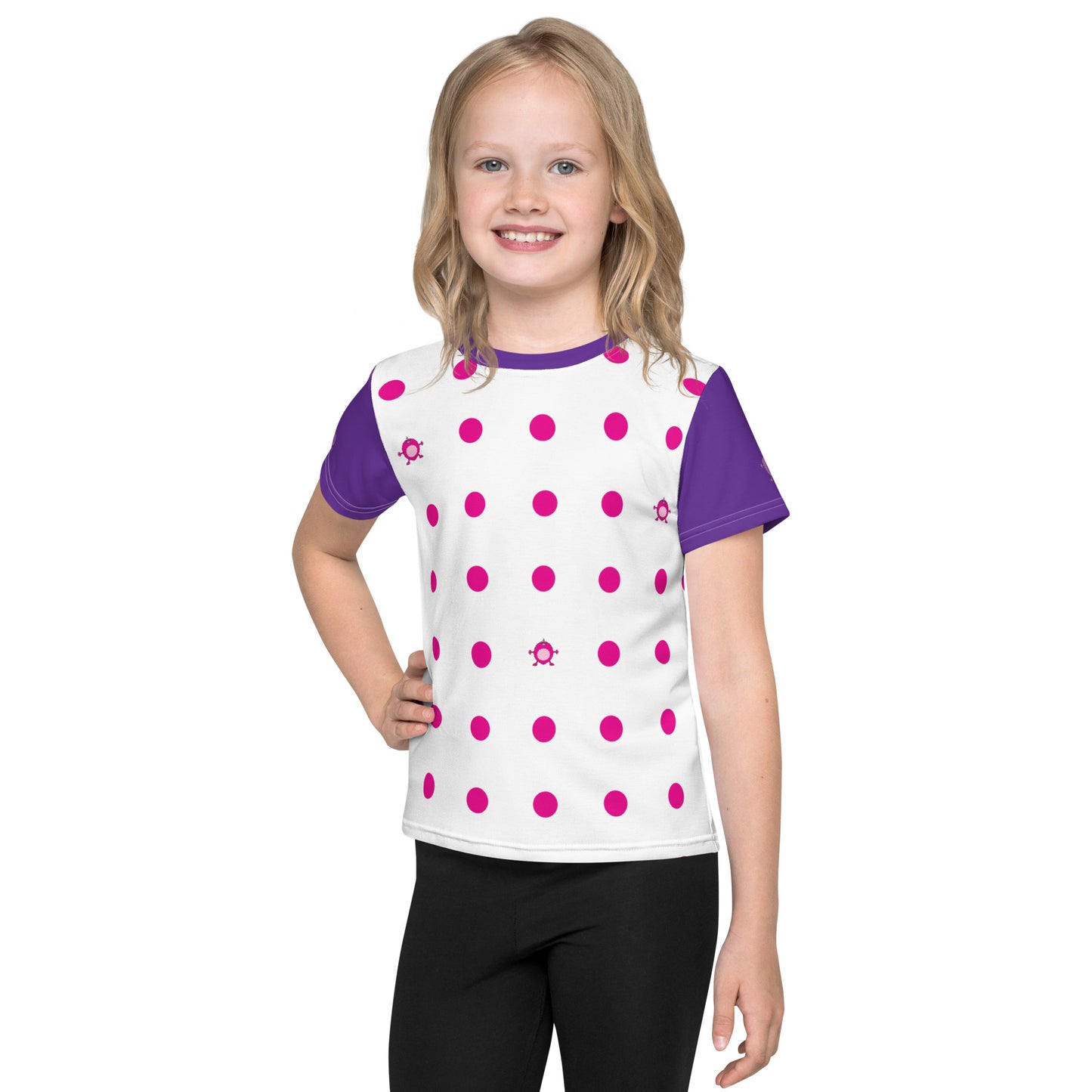 Kids t-shirt Pink Dot crew neck with purple sleeves