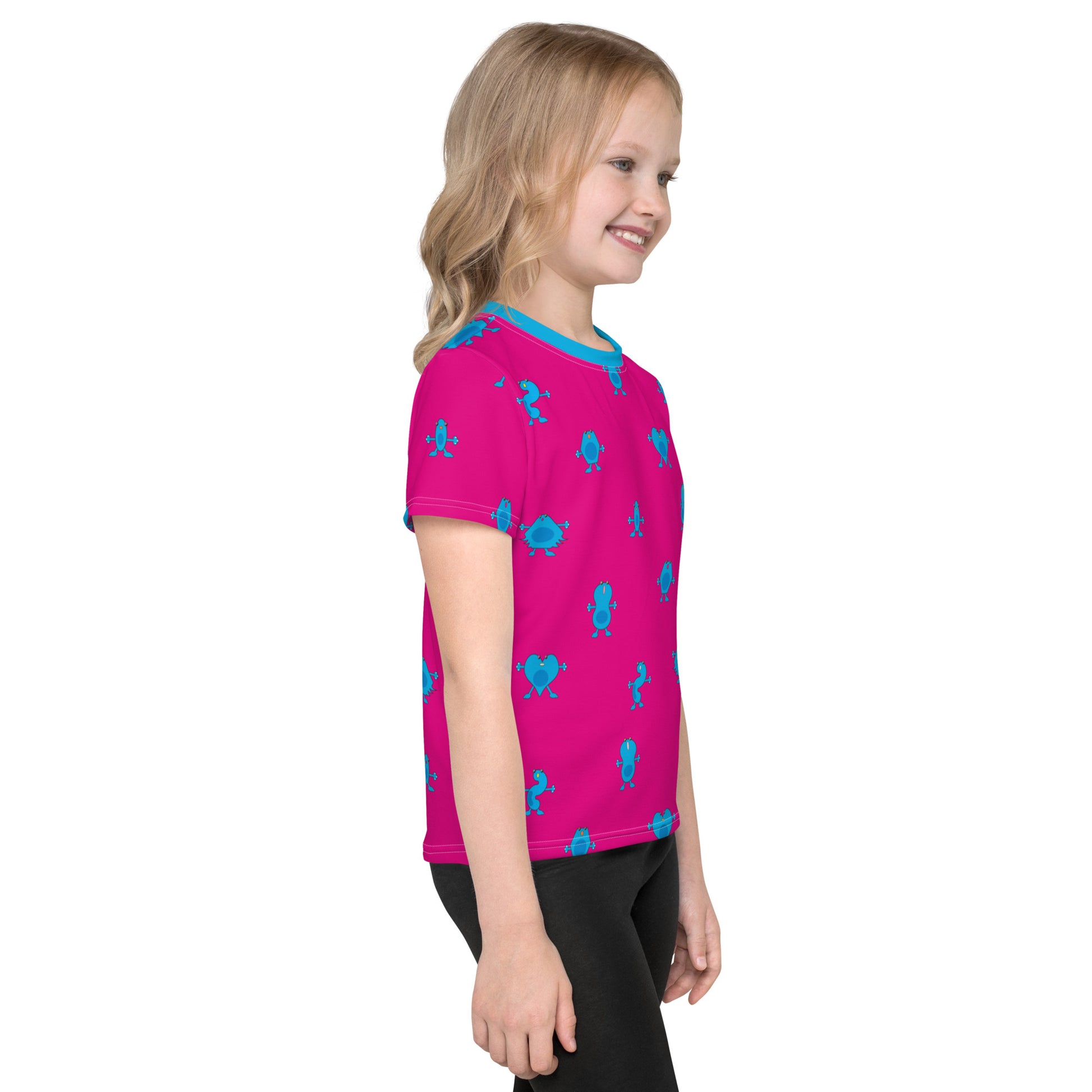Pink Kids crew neck t-shirt with blue Monsters kid side