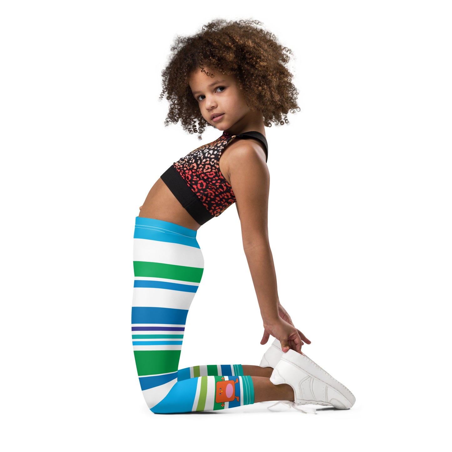 Blue Green White Monster Striped Kid's Leggings kid side