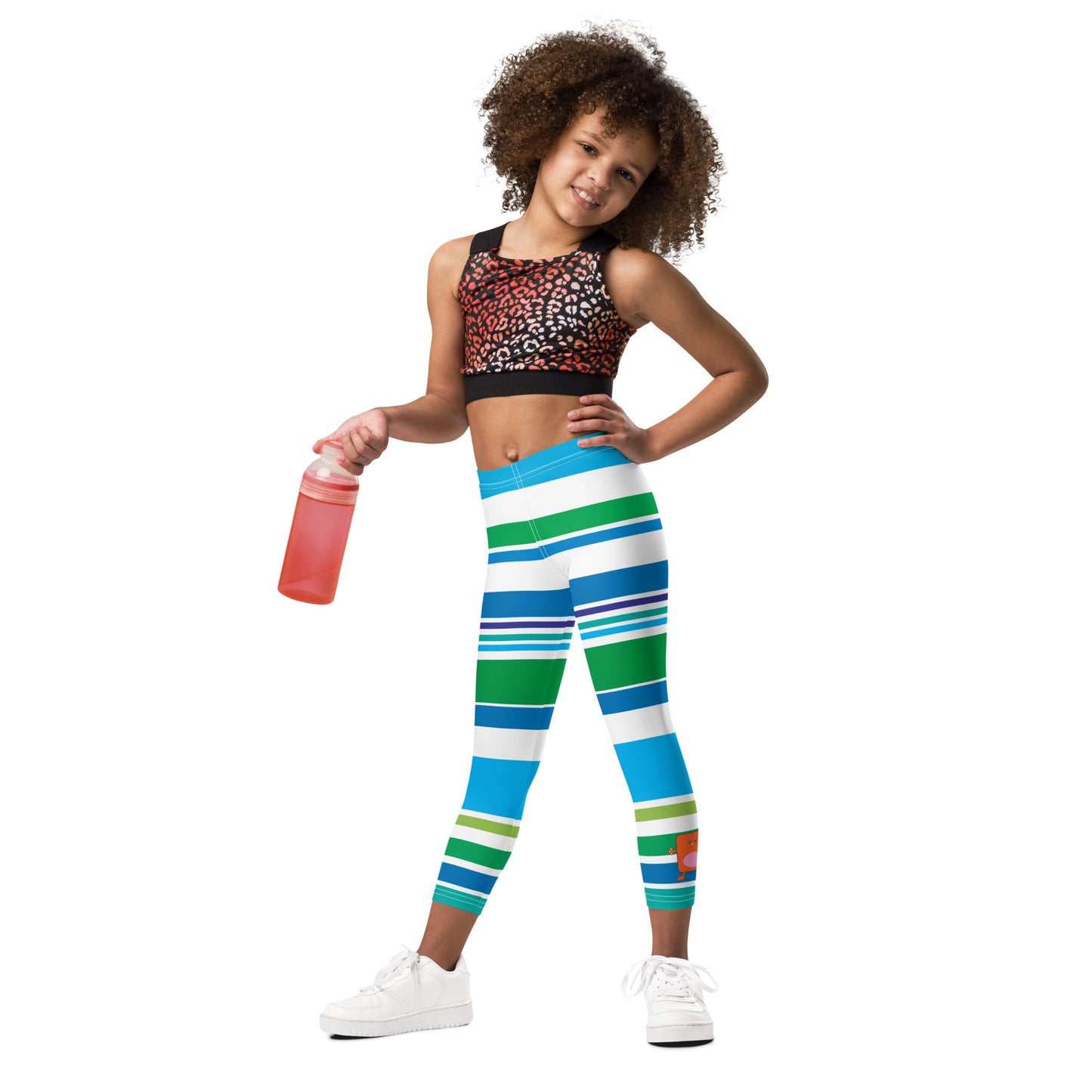 Blue Green White Monster Striped Kid's Leggings kid front