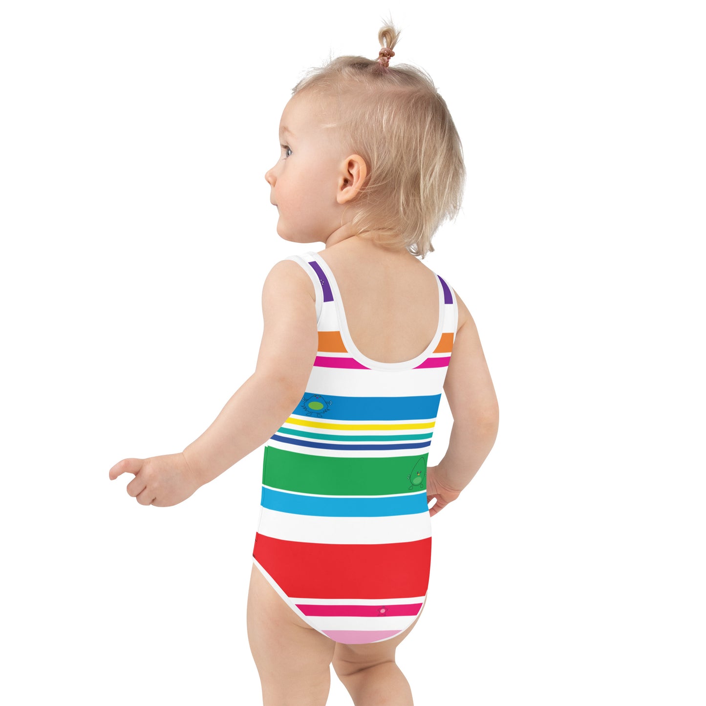 white girls swim suite with coloured stripes and monsters toddler view