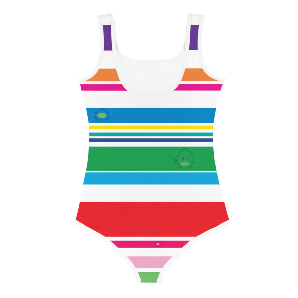 white girls swim suite with coloured stripes and monsters back view