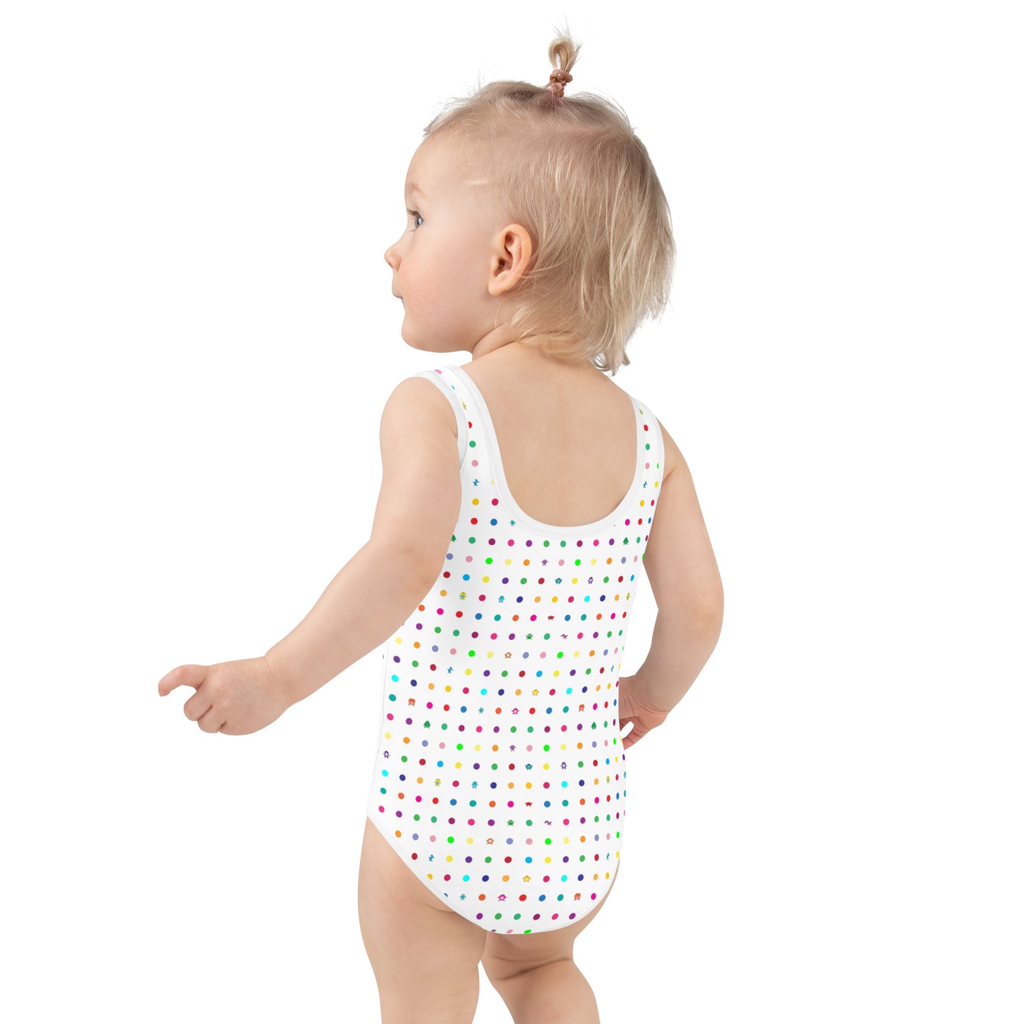 white girls swim suit with small dots and coloured monsters toddler rear view