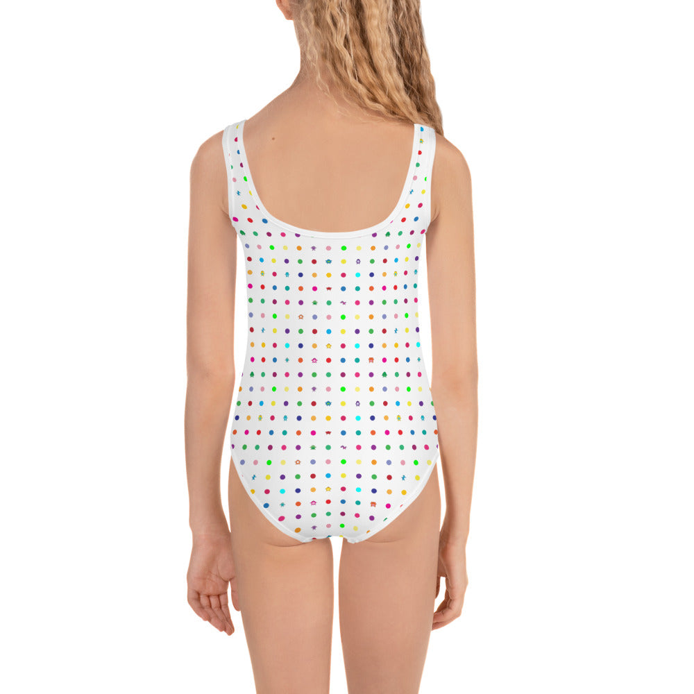 white girls swim suit with small dots and coloured monsters kid rear view