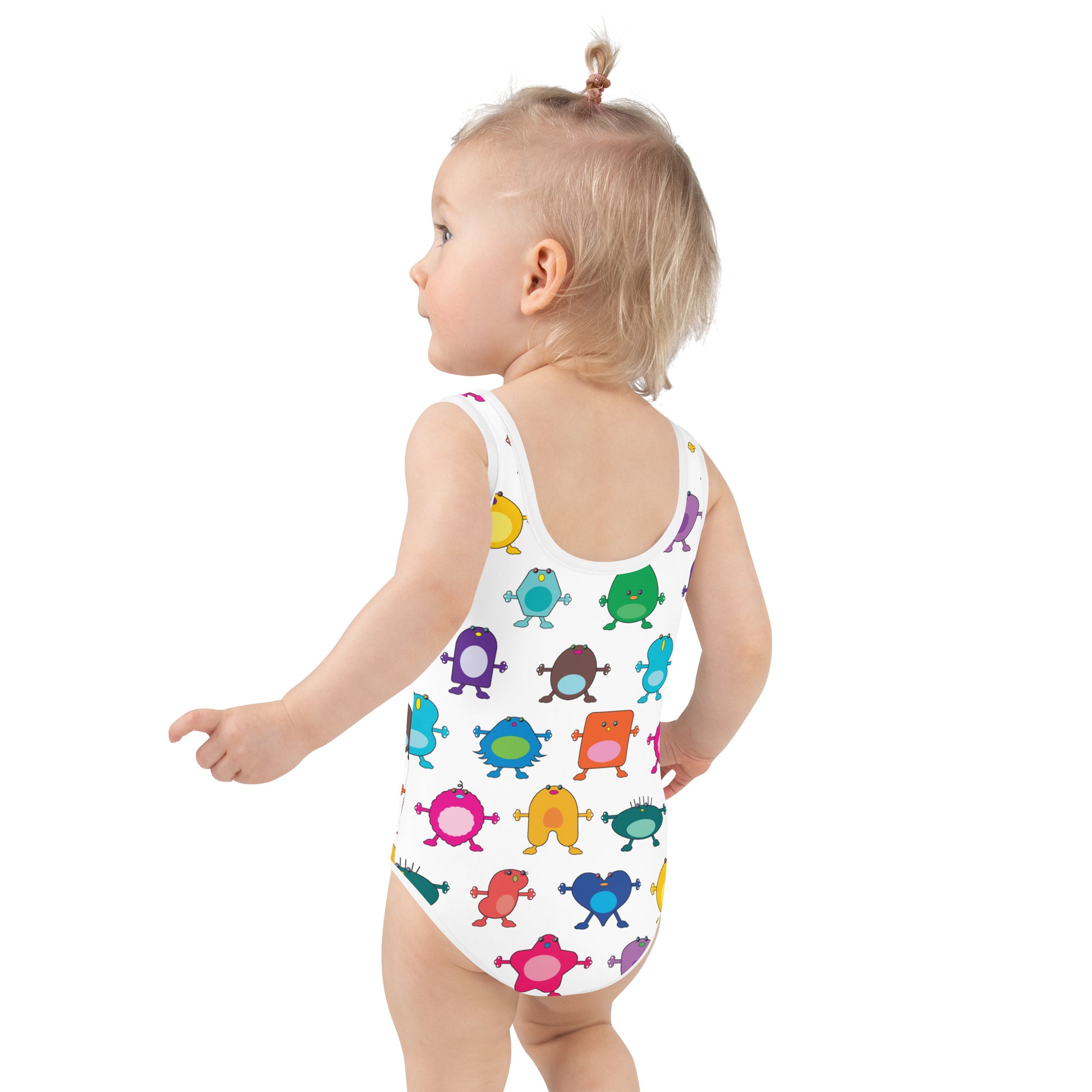 white girls swim suit with large coloured monsters toddler rear view