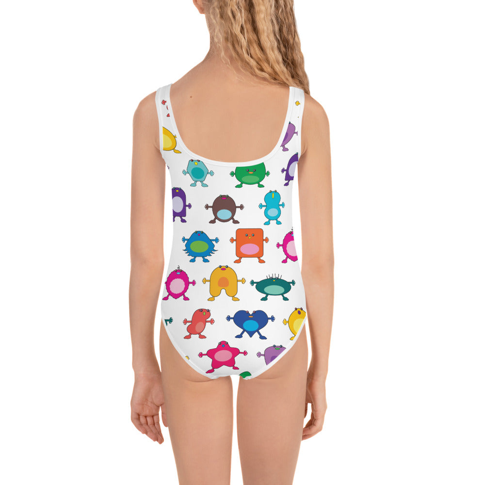 white girls swim suit with large coloured monsters kid rear view