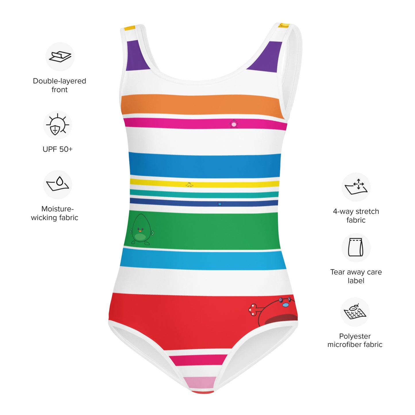 white girls swim suite with coloured stripes and monsters front view features listed