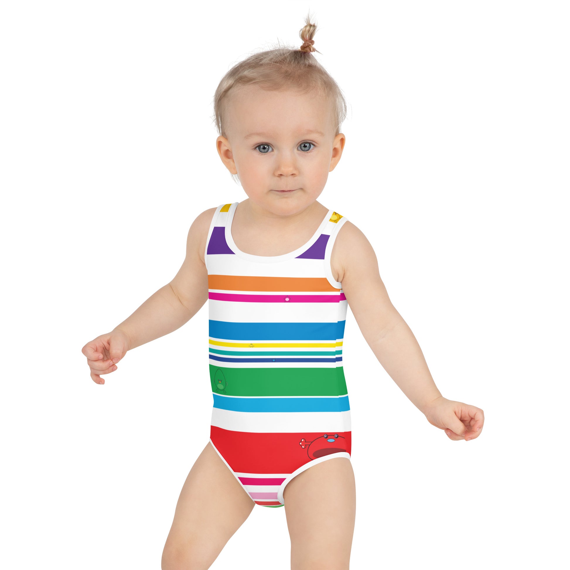 white girls swim suite with coloured stripes and monsters toddler front view