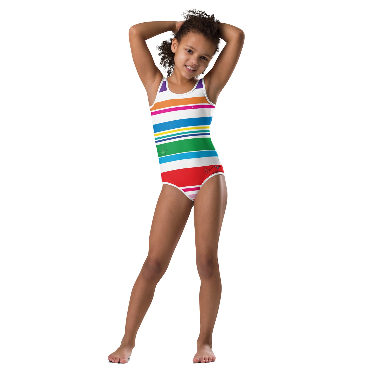 white girls swim suite with coloured stripes and monsters kid front view