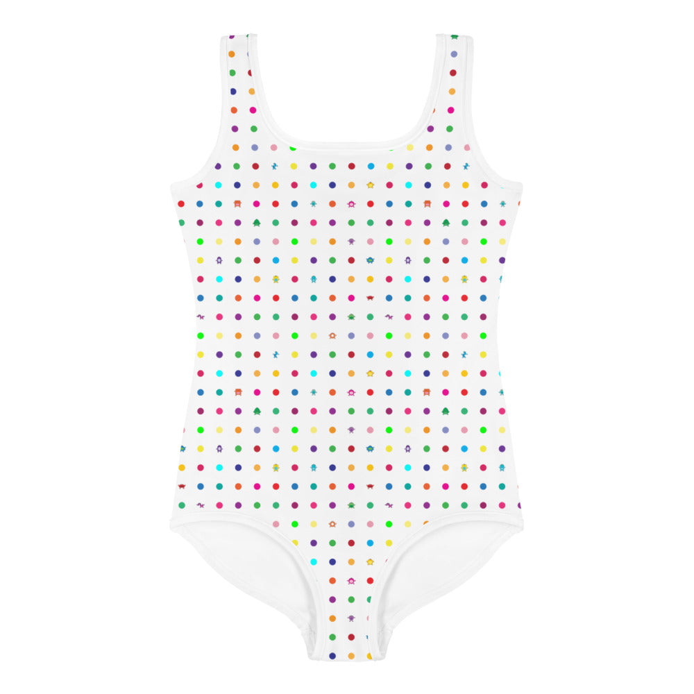 white girls swim suit with small dots and coloured monsters front view