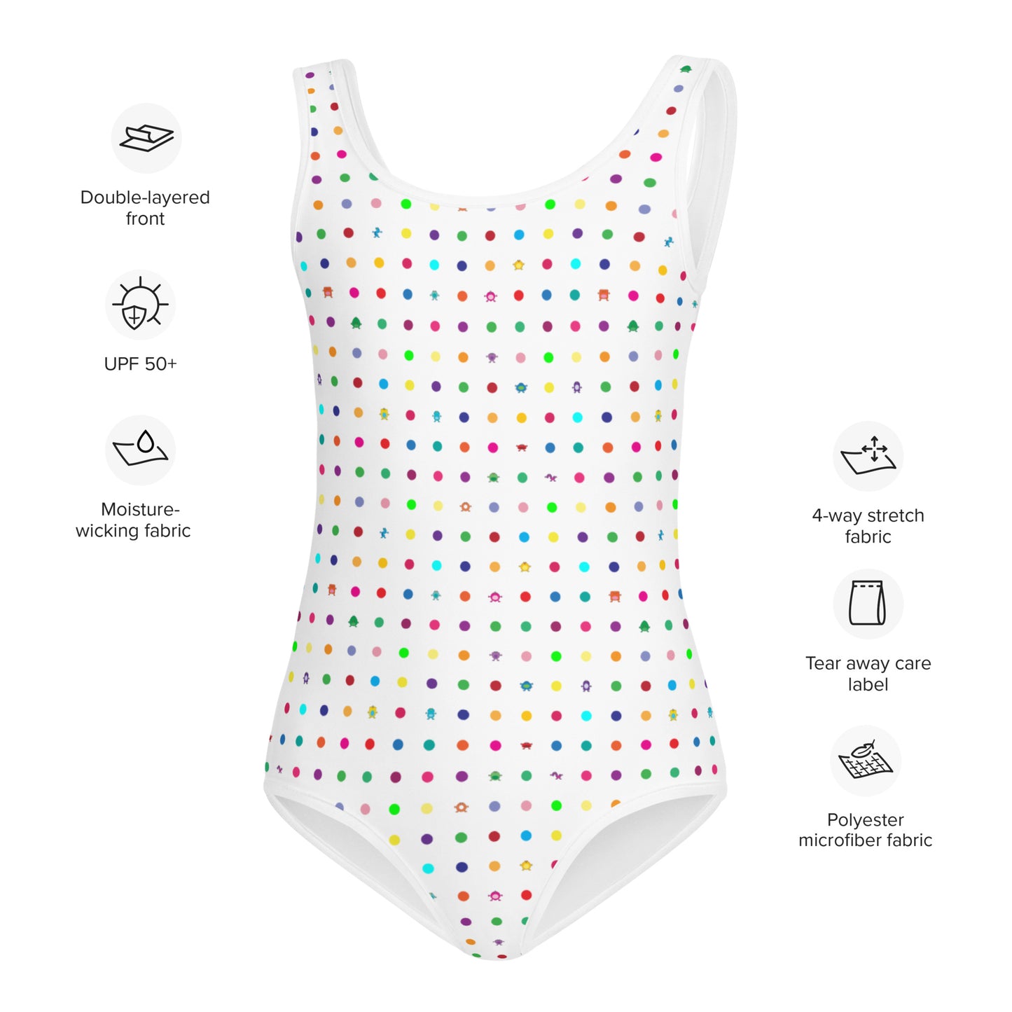 white girls swim suit with small dots and coloured monsters front view features listed