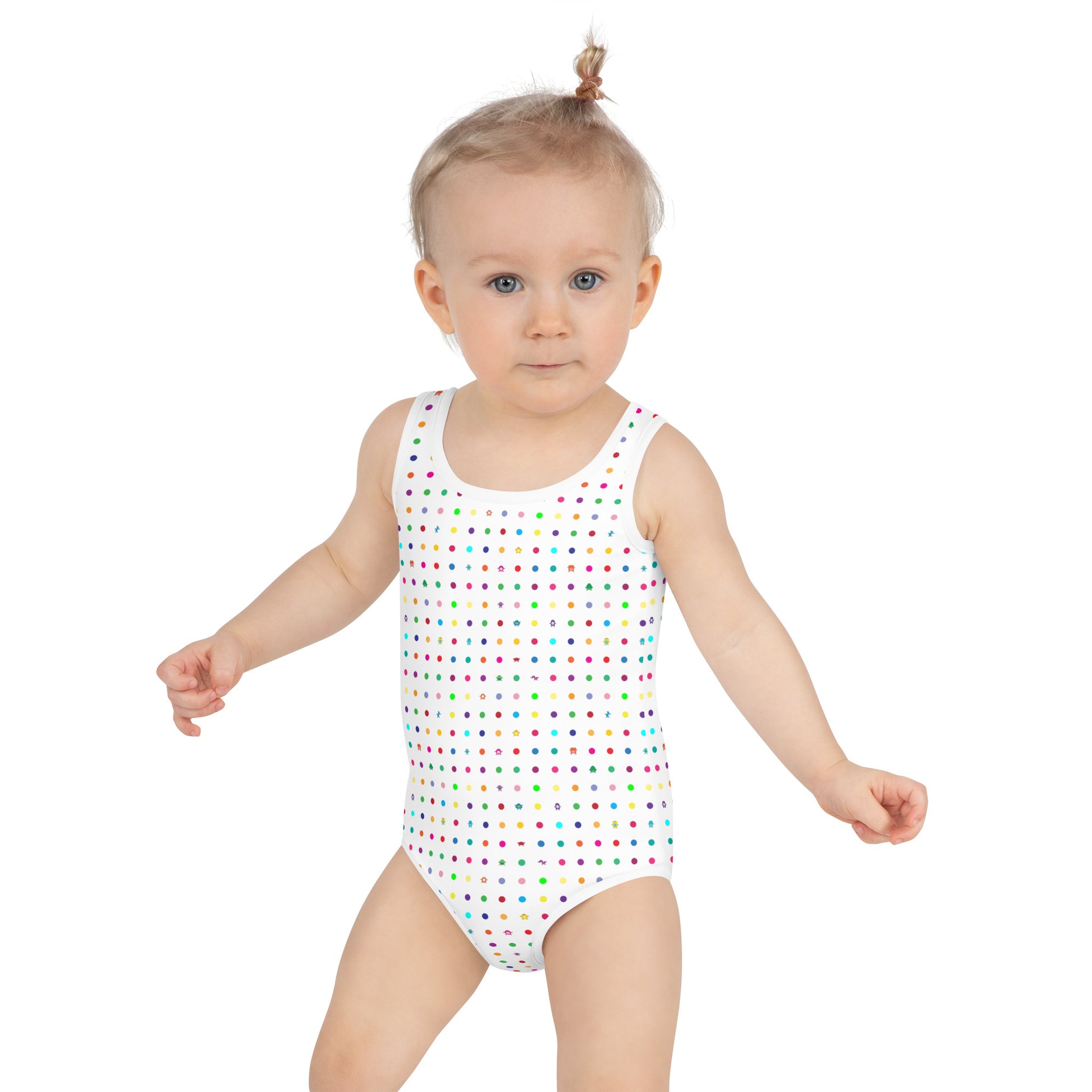 white girls swim suit with small dots and coloured monsters toddler front view
