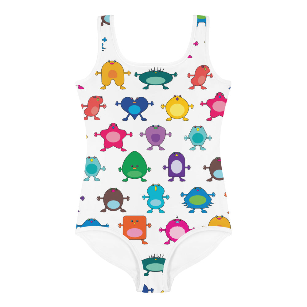 white girls swim suit with large coloured monsters front view