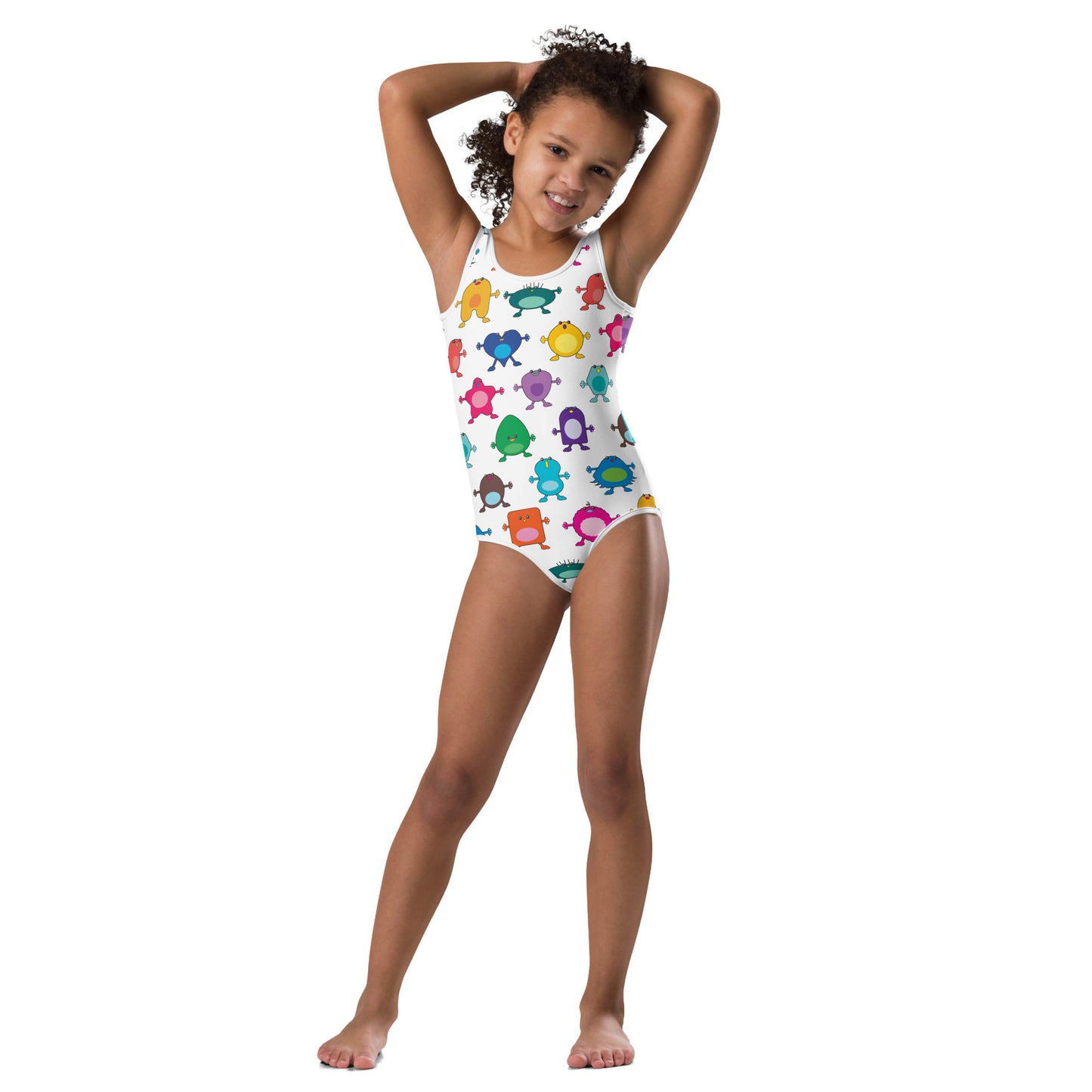 white girls swim suit with large coloured monsters kid front view