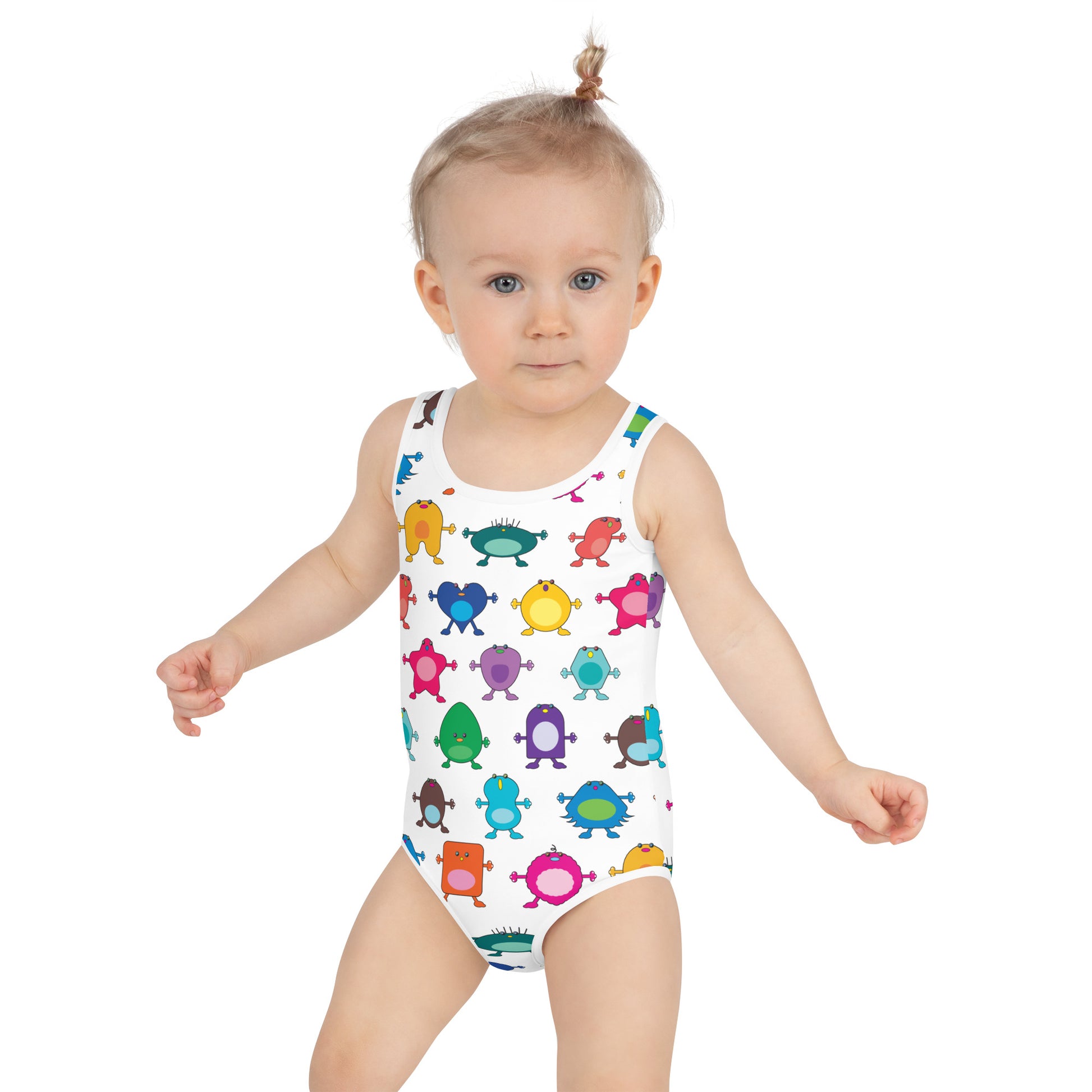 white girls swim suit with large coloured monsters toddler front view