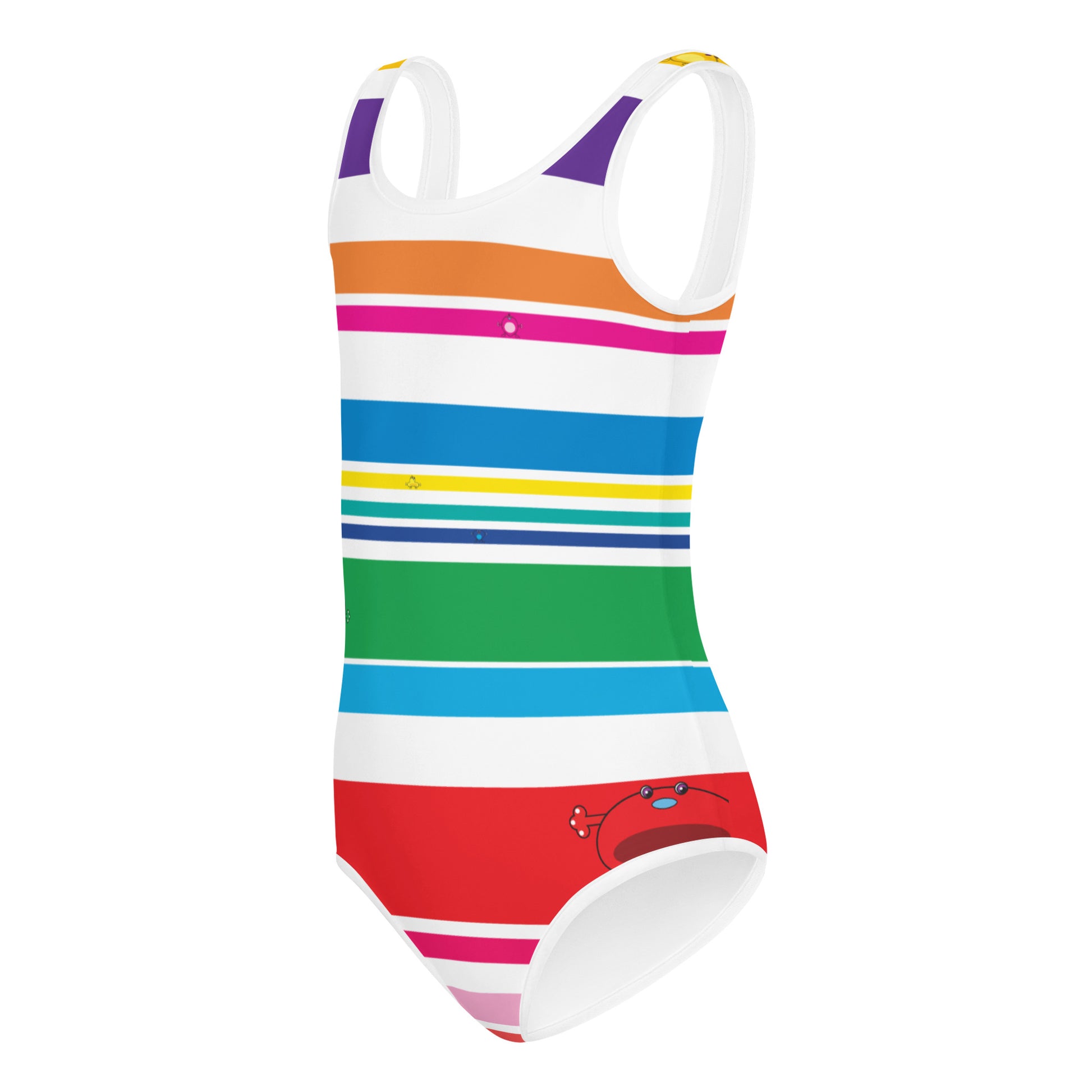 white girls swim suite with coloured stripes and monsters 3D side view