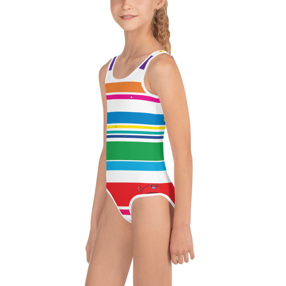 white girls swim suite with coloured stripes and monsters teen front view