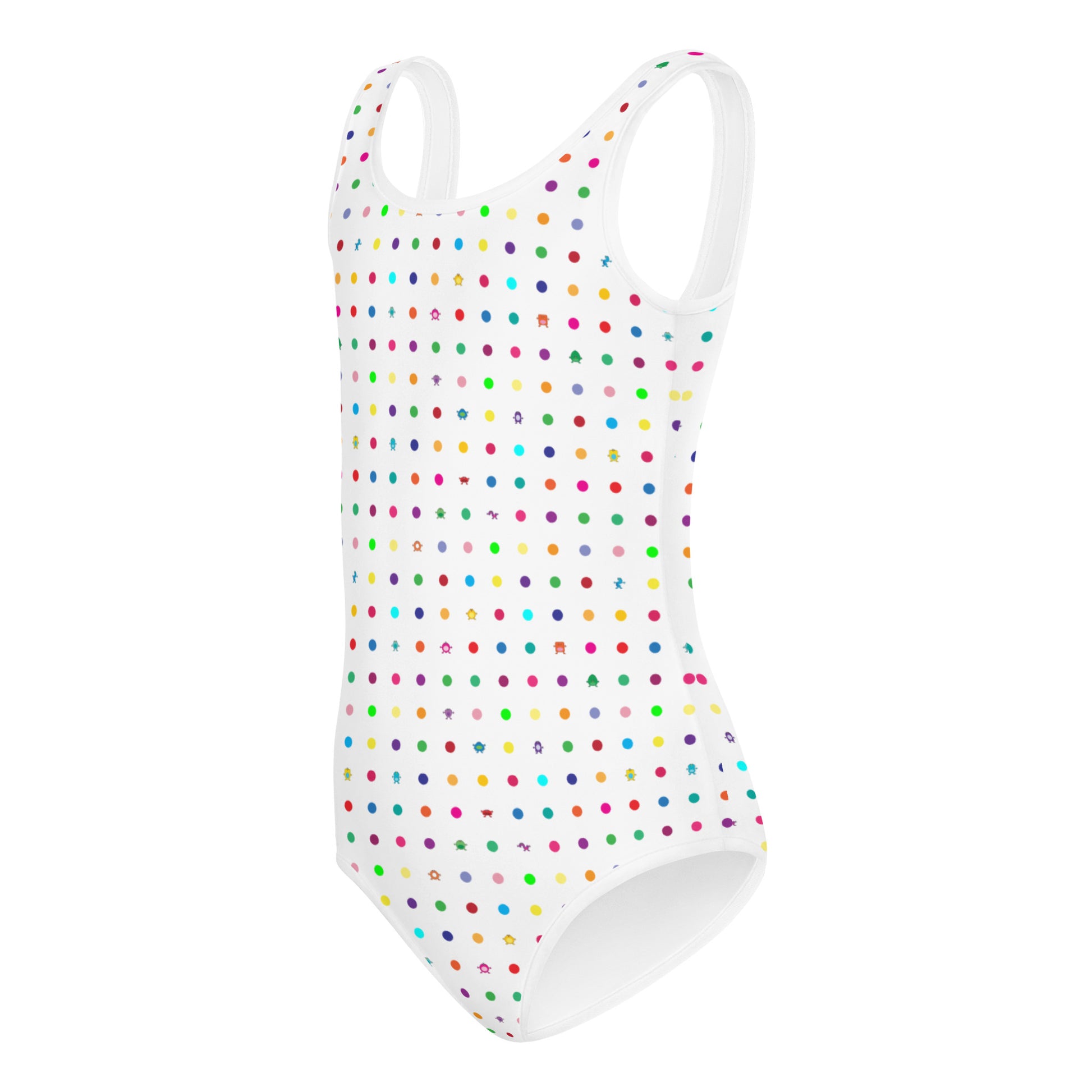 white girls swim suit with small dots and coloured monsters 3d side view