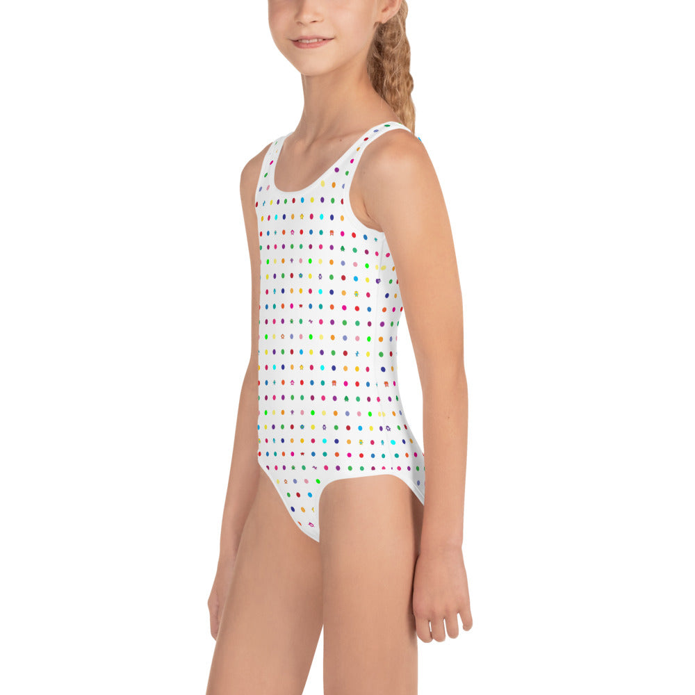 white girls swim suit with small dots and coloured monsters kid side view