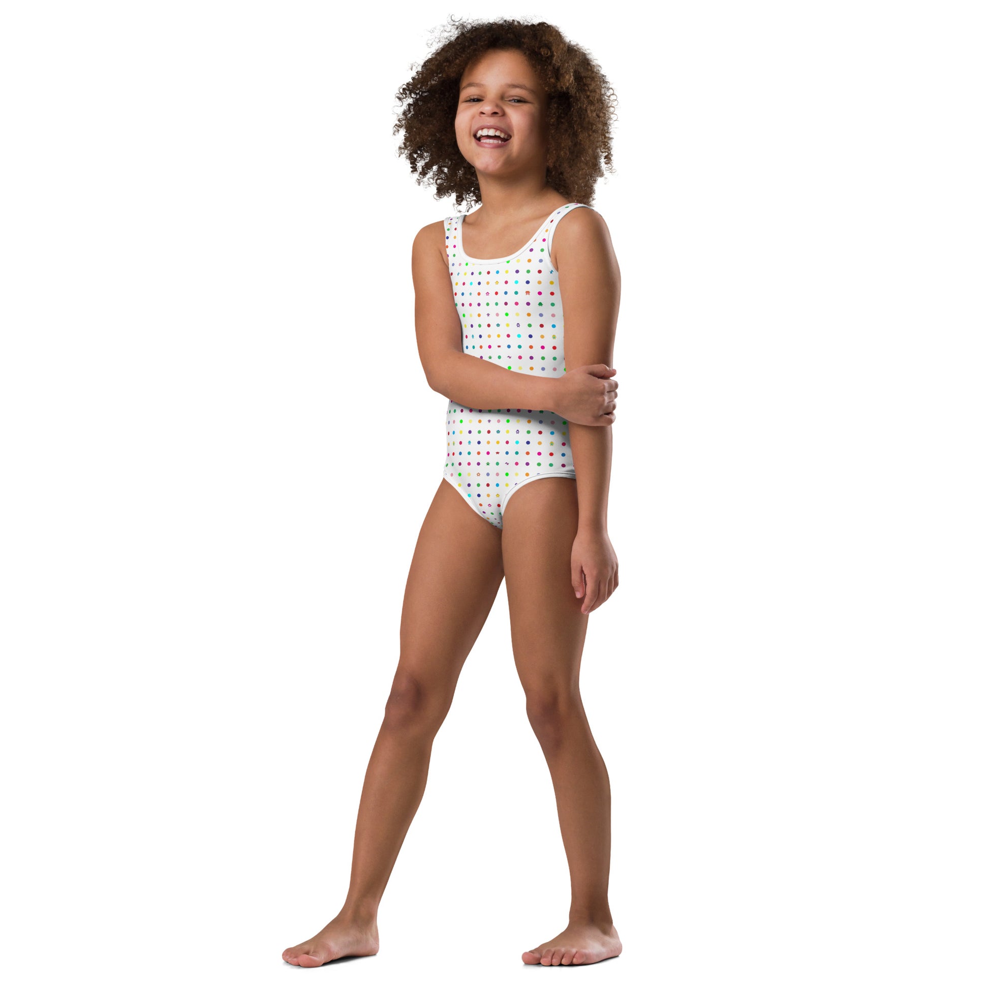 white girls swim suit with small dots and coloured monsters kid front view