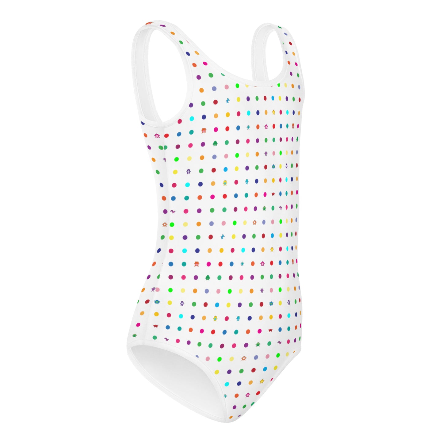white girls swim suit with small dots and coloured monsters 3d side view