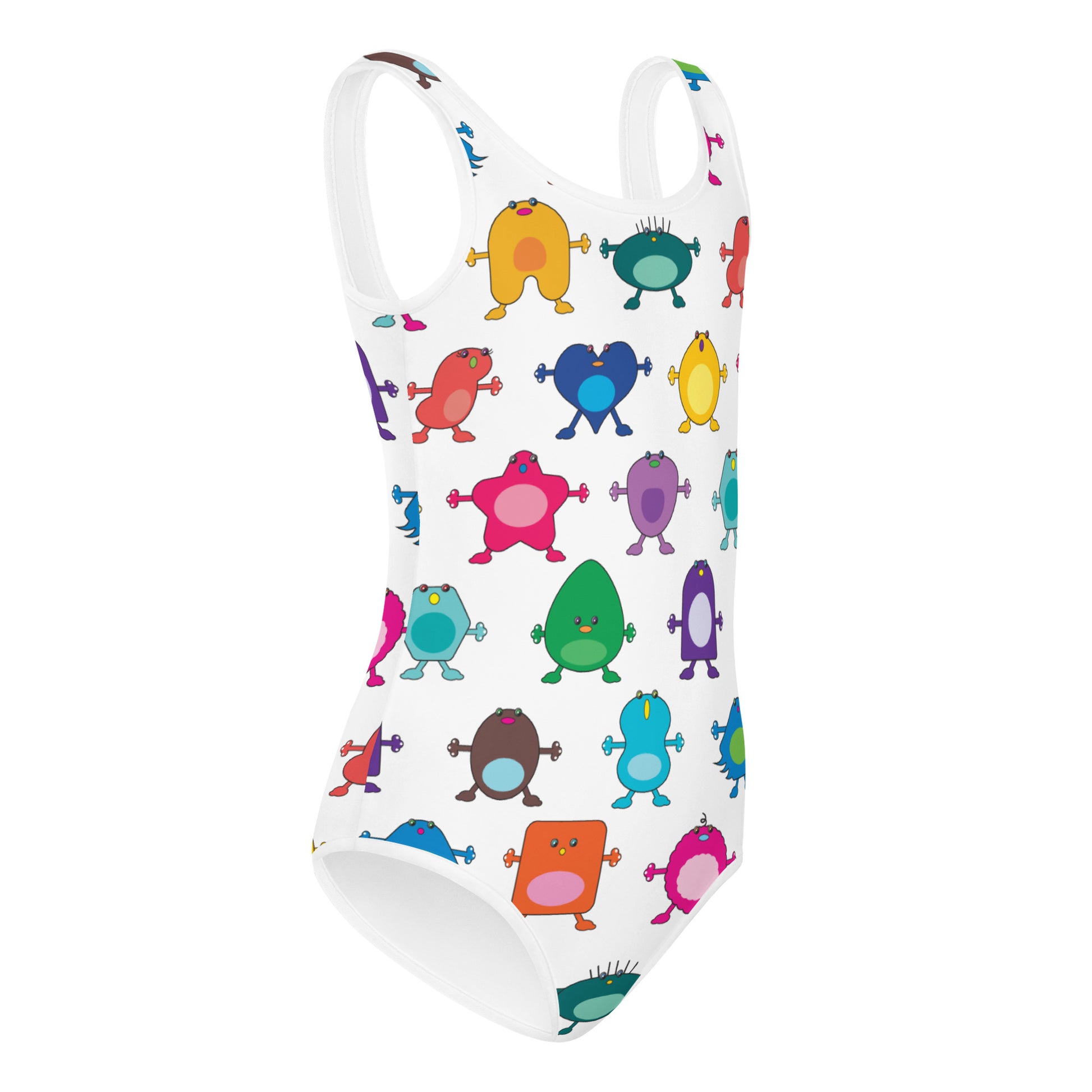 white girls swim suit with large coloured monsters front view